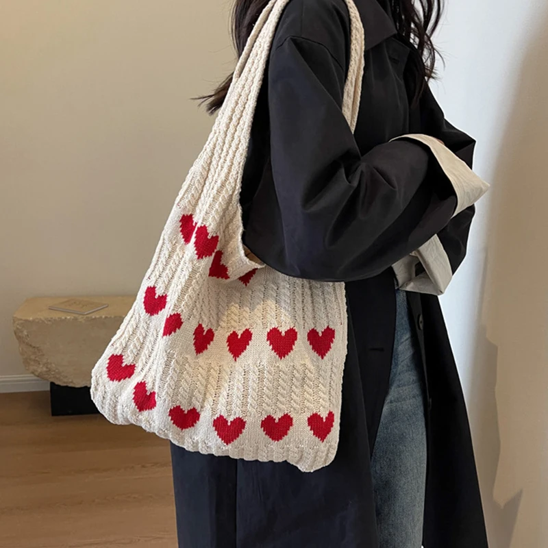 Fashion Heart Shape Pattern Knit Tote Bag Retro Women\'s Handbag Large Capacity Female Woven Shopper Purse Travel Bag