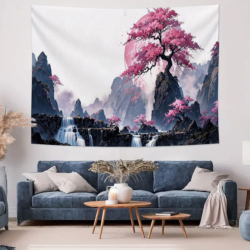 Pink Cherry Blossom Tree on Rocky Cliff with Waterfall and Red Moon Wall Tapestry Machine Washable All Season Decor Print Home