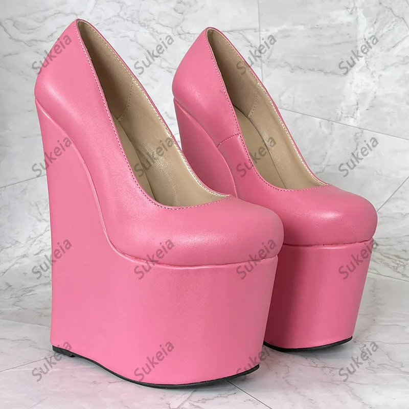 Sukeia جديد أزياء المرأة منصة مضخات الانزلاق على أسافين الكعوب جولة تو لطيفة الفوشيه الوردي أحذية الحفلات الولايات المتحدة زائد حجم 5-15 #5