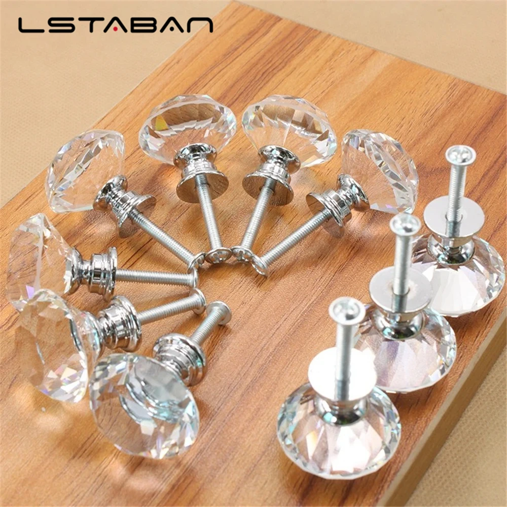 Transparan 30mm furnitur berlian kaca kristal pegangan pintu lemari laci warna-warni lubang tunggal campuran seng bulat pegangan siram