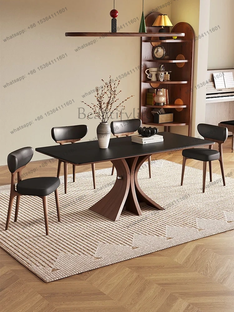 Solid Wood Dining Table Small Apartment Black High-End Retro Rectangular