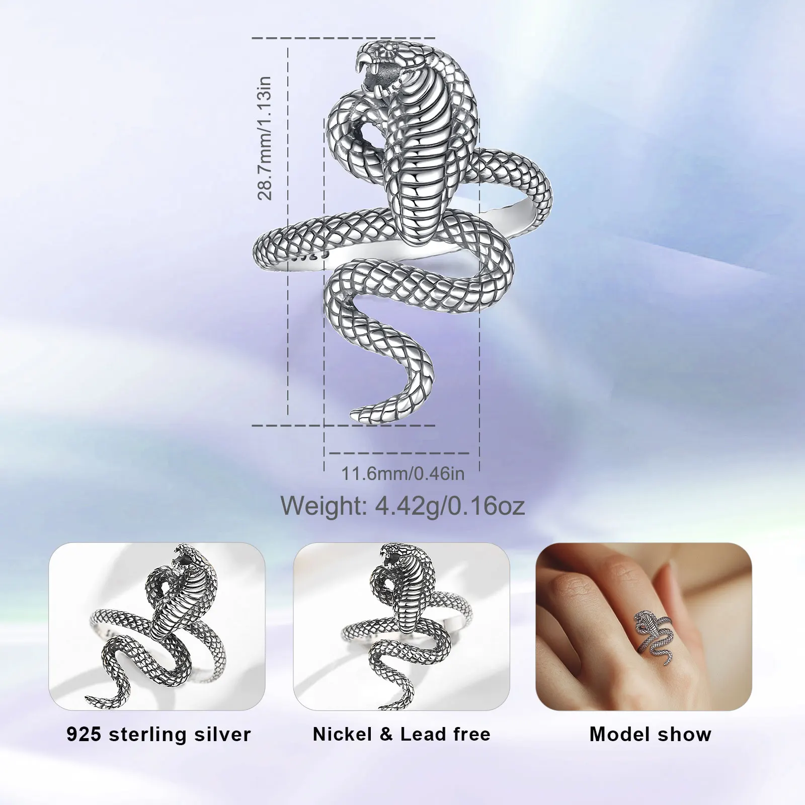 Eudora 925 Sterling Silver Snake Adjustable Ring for Men Women Retro Cobra Texture Ring Personalized Amulet Jewelry Fine Gift