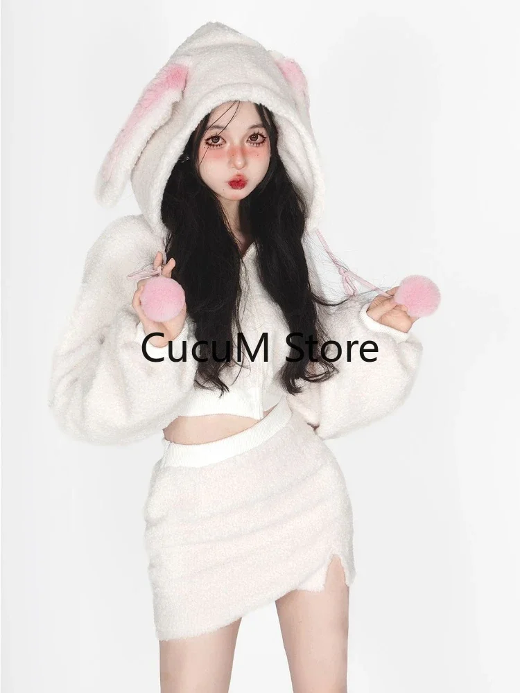 2024 New White Lolita Kawaii Two-piece Set Women Fluffy Casual Korean Style Cute Skirt Suit Hooded Top + Sweet Mini Skirt Chic