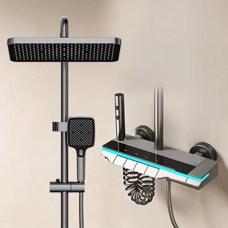 Système de douche de salle de bains, Surface miroir en laiton à température contrôlée pour robinet de baignoire avec affichage numérique, bande LED