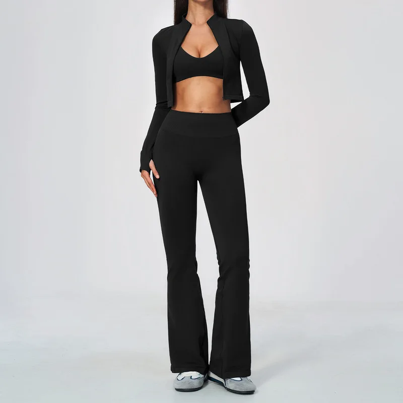 Women Seamless 3 Piece Yoga Outfit Slim Fit Zip Up Jacket Sports Bra High Waist Flared Pants Quick Dry For Gym Training Wear