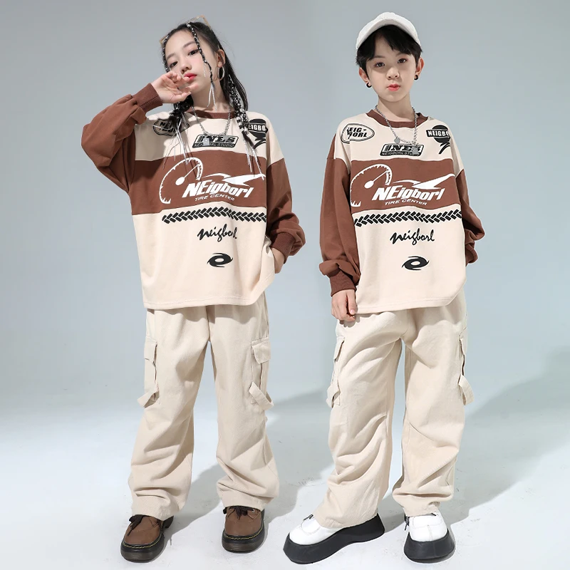 Street Dance Clothes For Kids Hip Hop Brown Leather Vest Long Sleeves Sweater Apricot Cargo Pants Boys Girls Show Wear BL12185