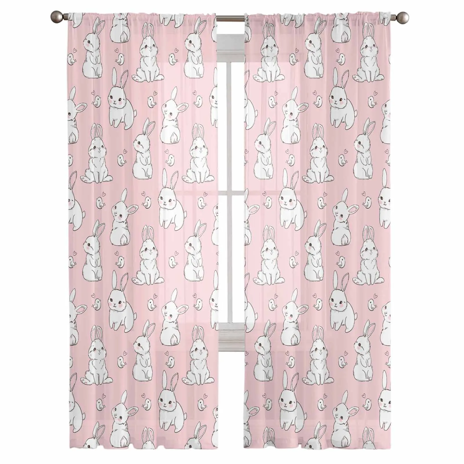 Pink Bunny Texture Tulle Curtains for Living Room Sheer Curtain for Bedroom Kitchen Blinds Voile Curtains