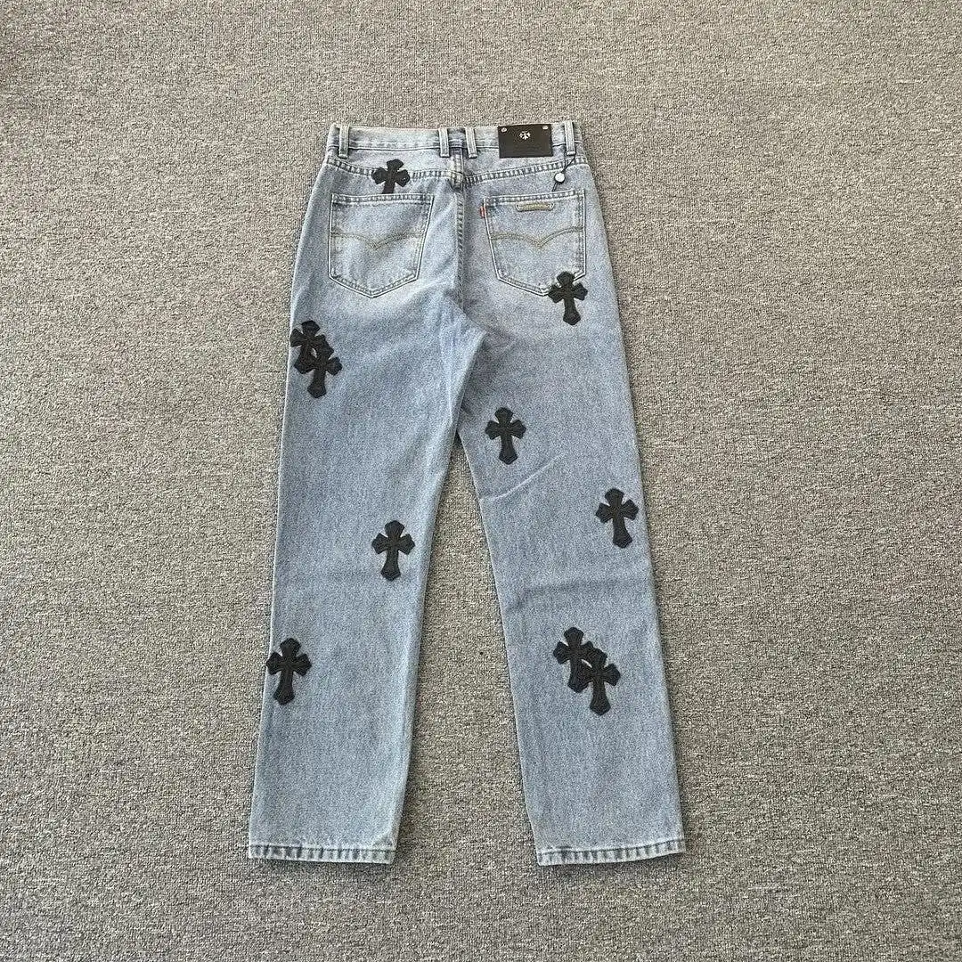 Straat Harajuku Klassieke Cross Verspreide Verpakking Geborduurde Sub-grijze Rechte Jeans Mannen Trendy Mode Nieuwe Zomer Jeans Vrouwen