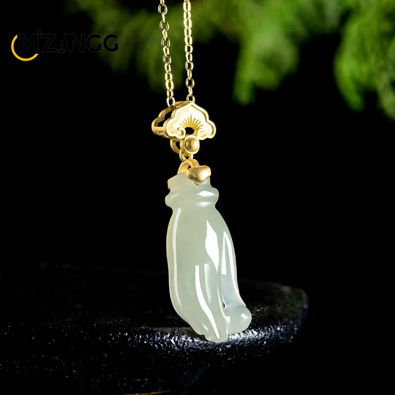 خمر Hetian الأبيض اليشم "جواهر النخيل" قلادة-S925 فضة مطعمة حجر اليشم الطبيعي للجنسين قلادة للرجال والنساء