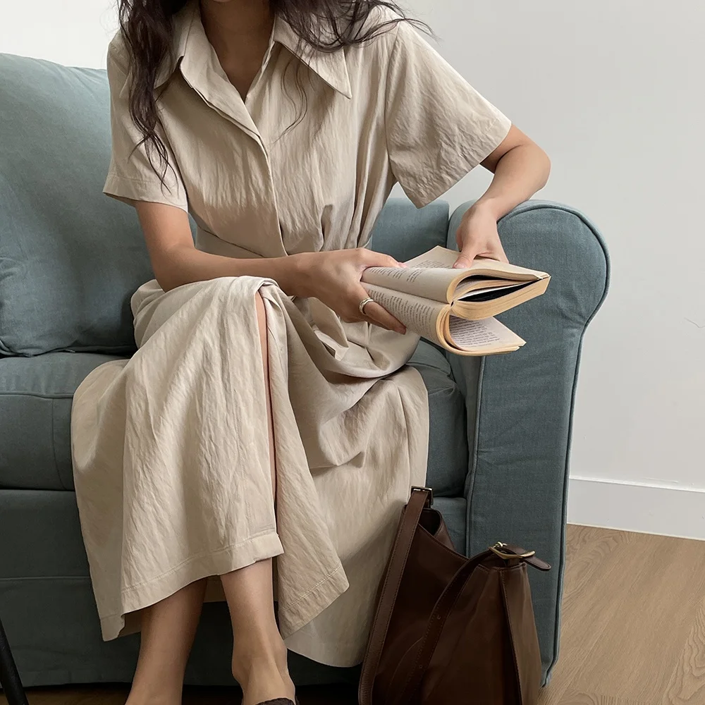 Retro Shirt Style Pleated Gown Women's High Waist Long Dress Casual Spring Summer Autumn Short Sleeve Single Button Dresses
