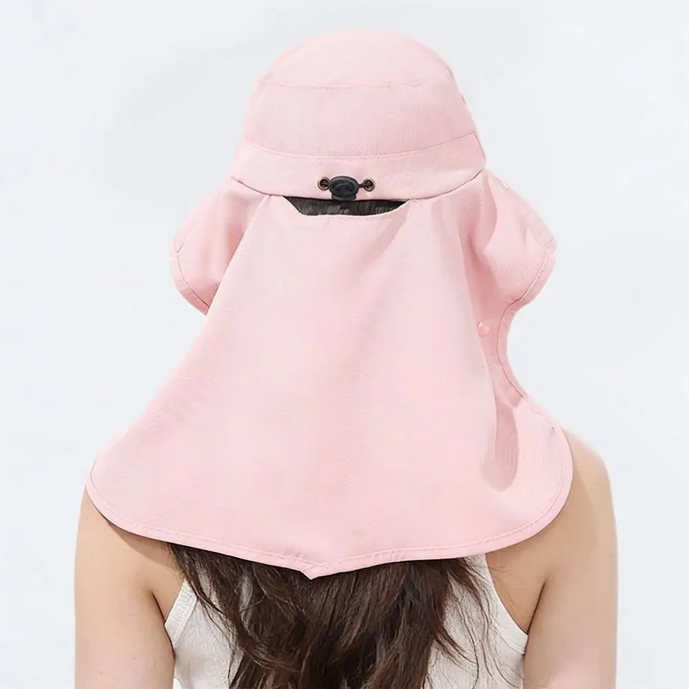 Fotografia 4: Chapéu de Proteção Solar Feminino com Proteção UV, Aba Larga e Máscara Facial, Protetor de Pescoço Ajustável para Caminhadas