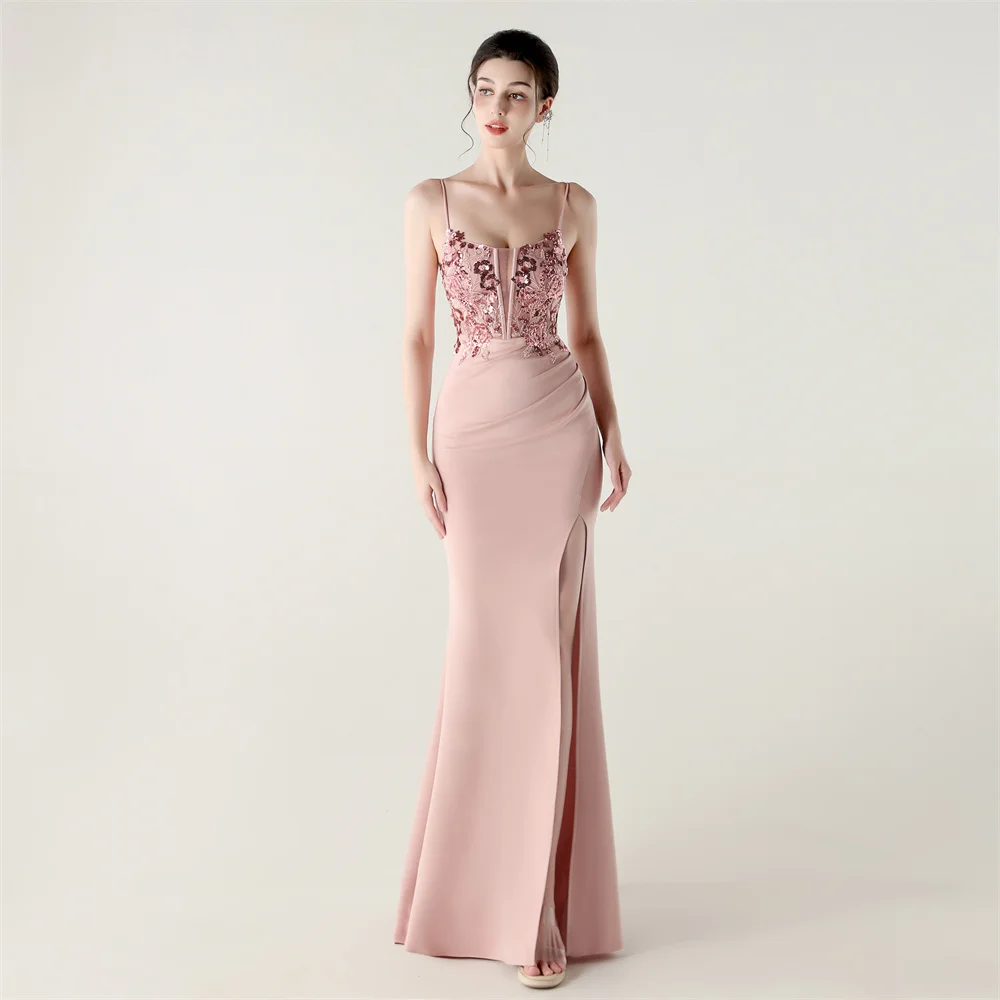 

New pink Lace decal Elegant V Neck Evening Dress Long Women Mermaid Formal Dress Party Gown slit Maxi Prom Dress