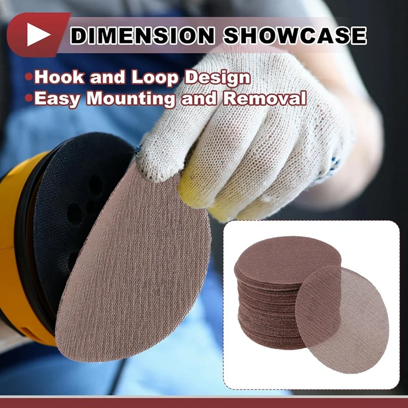 GIGI 50 Stück 5 Zoll Abranet Schleifnetz Anti-Verstopfung Hakenschlaufe Staubfreies Netz Schleifpapier 400 Körnung Braunes Aluminiumoxid