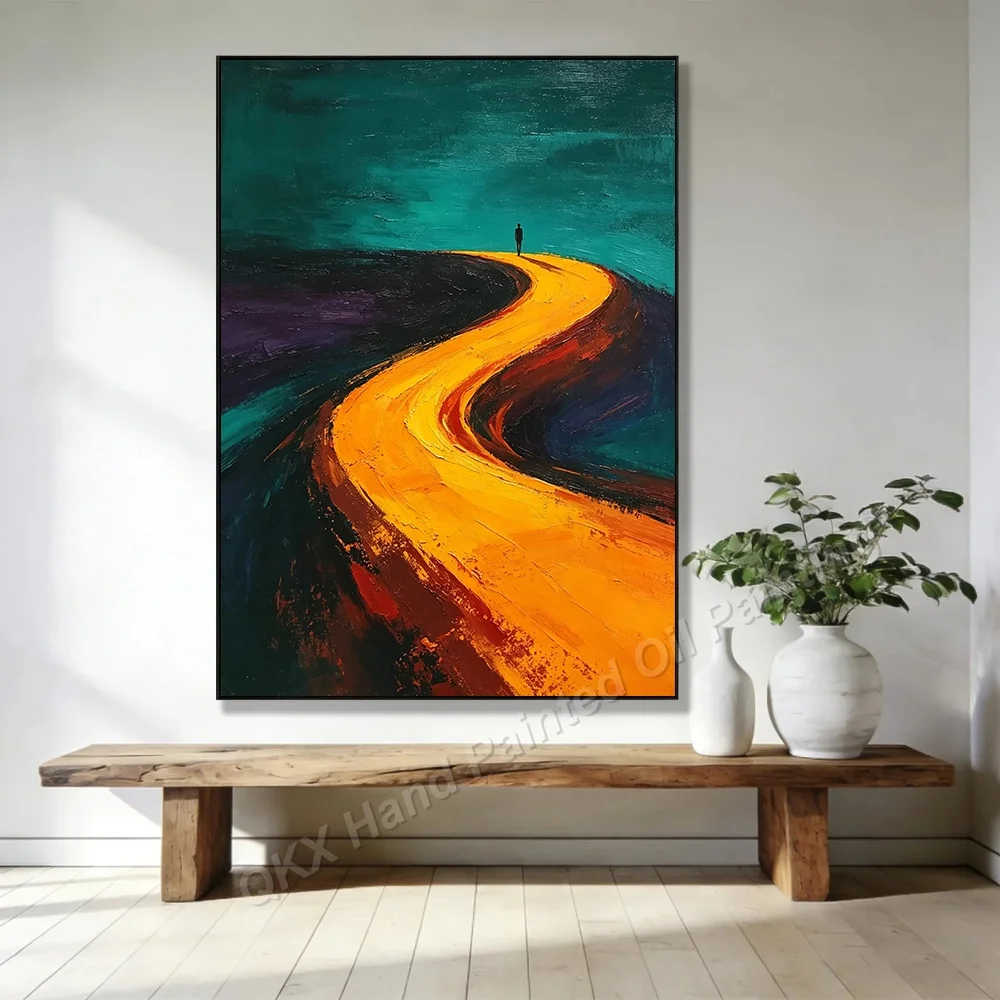 Large Abstract Oil Painting Handmade Original Wall Art with Palette Knife Road Lone Figure Scenery for Living Room Decor