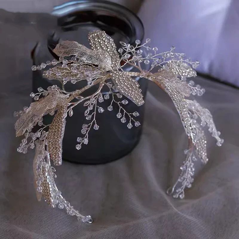 NiuShuya Diadema con cuentas de cristal hecha a mano, tocado de lujo para novia, boda, viaje, fiesta, accesorios