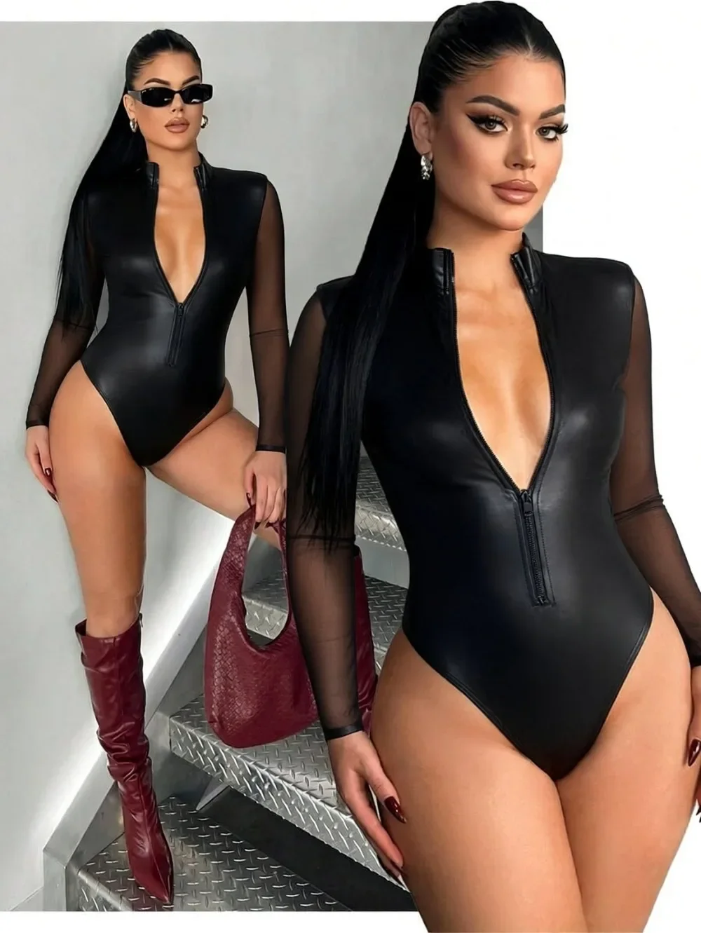 Damen Leder-Bodysuit mit Schnürung Clubwear Wet-Look Teddy – Detail 1