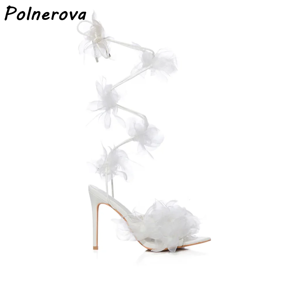 White 3D Organza Floral sandals Wrap Around Leg Lace Up Open Square Toe High Heels Stiletto Shoes Romantic summer Wedding shoes