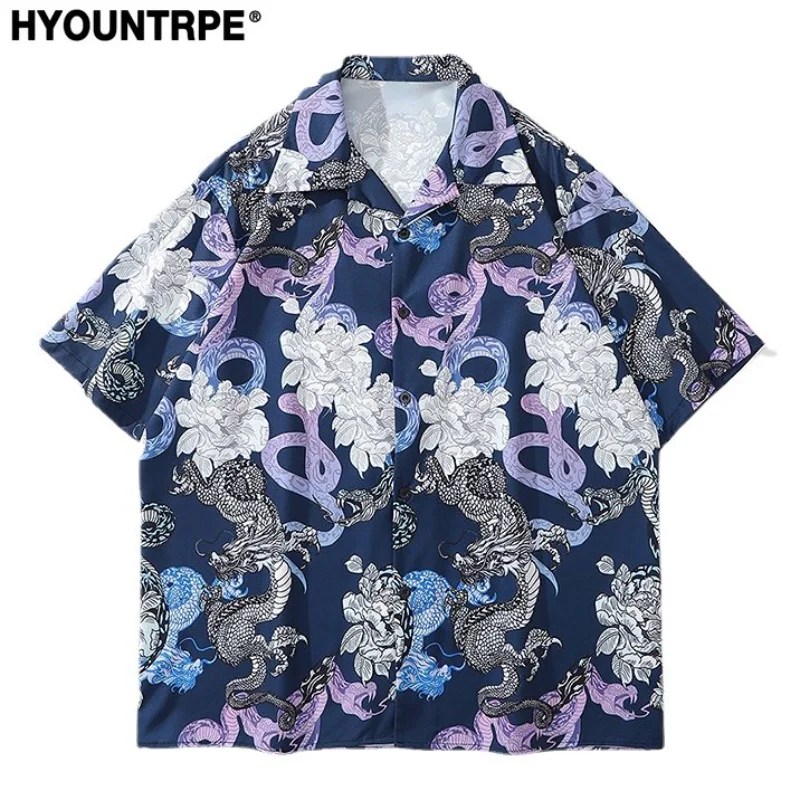 Hip Hop Shirt Streetwear Mens Hawaiian Shirts Dragon Floral Retro Harajuku Printed Summer Casual Beach Short Sleeve Tops Shirts