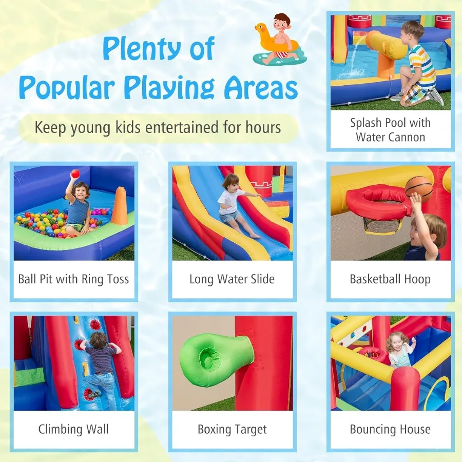 팽창식 워터 슬라이드, 9 in 1 워터슬라이드 바운스 하우스 워터파크 (스플래시 풀, 롱 슬라이드, 볼풀(볼 50개 포함))