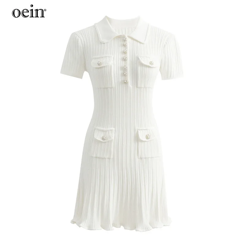 [oein] SP Spring/Summer New Clssic White Knitted Dress cinched wist slimming dimond studded thread A-line