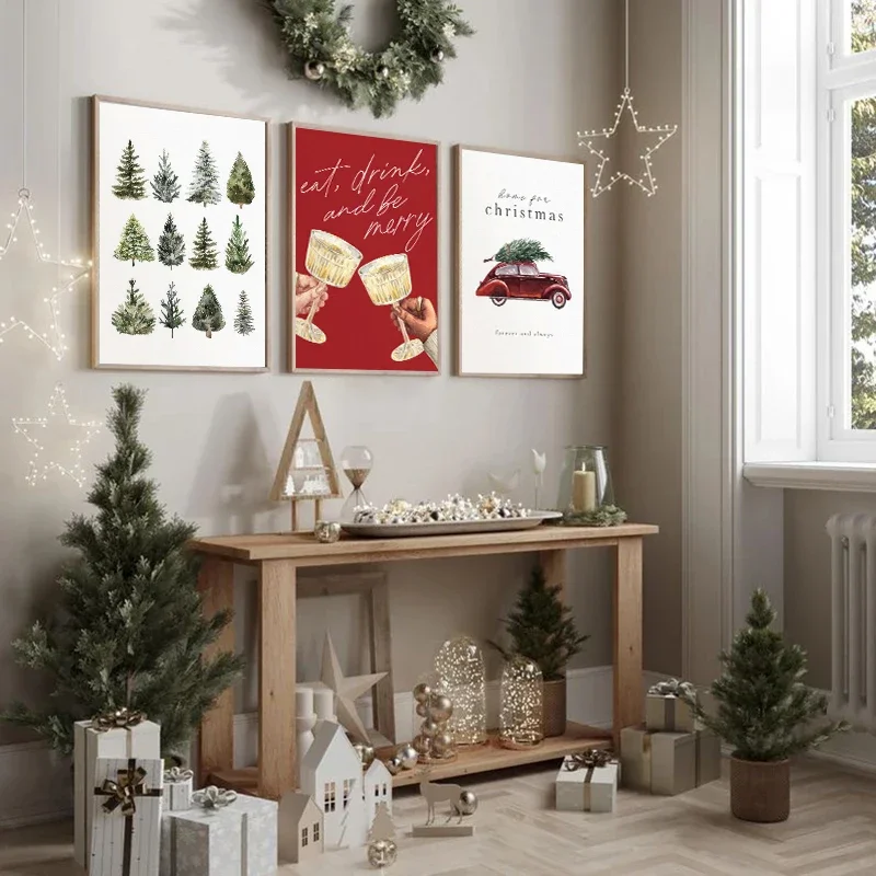 Classic Christmas Candy Red Truck Canvas Painting Red Green New Year Decoration Posters Living Room Holiday Wall Art Home Decor