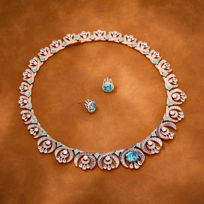 

Fashion Style Stud Earrings Necklace Women Lady Inlay Colored Cubic Zircon Enamel Synthetic Aquamarine Party Jewelry Sets