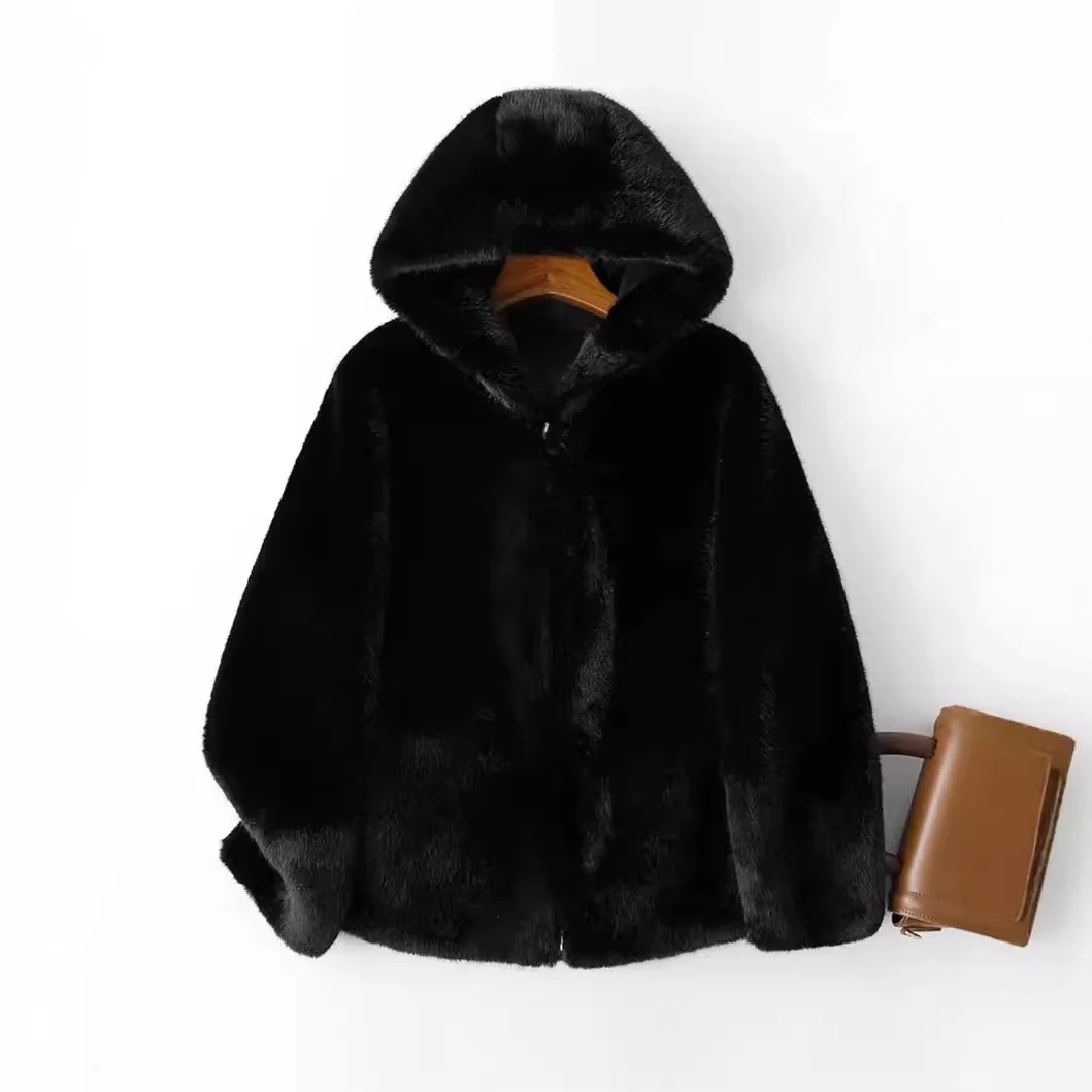 معطف نسائي من Orth بغطاء للرأس من المينك الصناعي لربيع وخريف وشتاء معطف من الفرو الصديق للبيئة وسحاب للإغلاق...