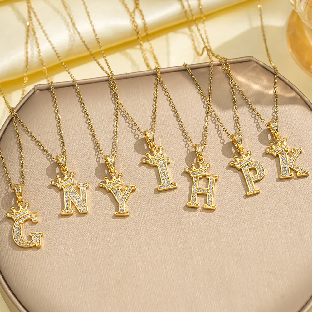 

18k Gold Plated Zircon 26 Crown Letter Pendant Necklace For Women Titanium Steel Jewelry Accessories