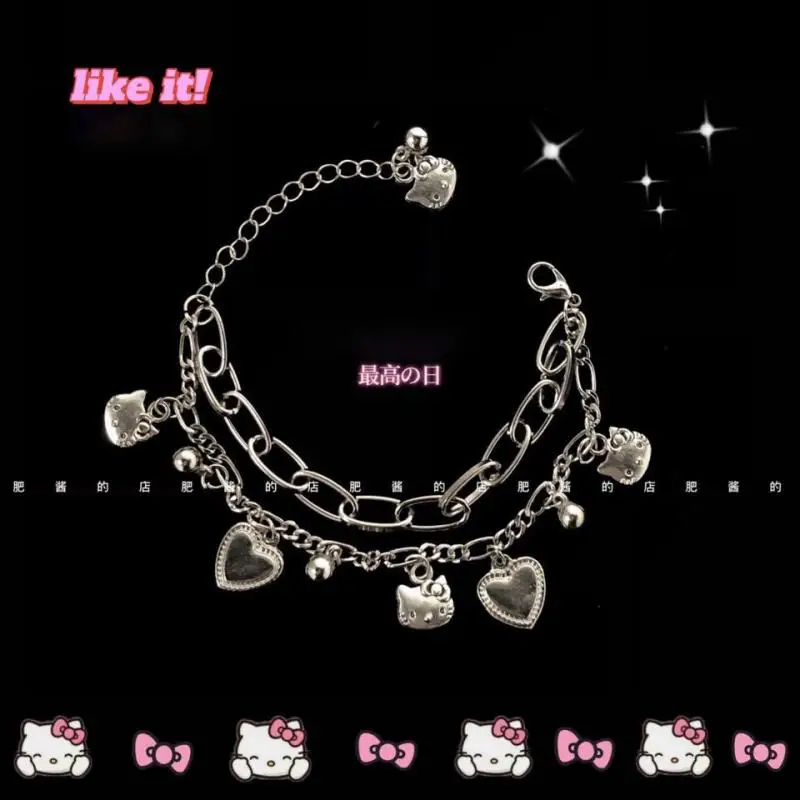 Y2K Girly Accessories Anime Cartoon Kt Cat Kawaii Bracelet Lolita Girly Sweet Street Style Versatile Double Layer Bracelet Gift