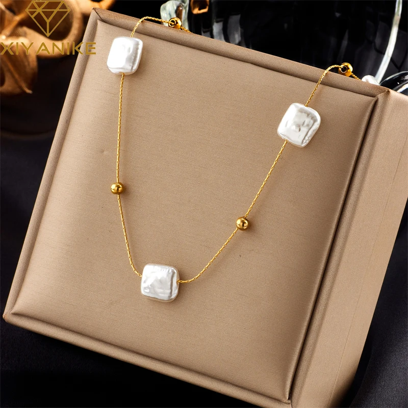 XIYANIKE 316L Stainless Steel Necklace for Women White Square Pearl Gold Color Bead New Trend Vintage Temperament ​Party Jewelry