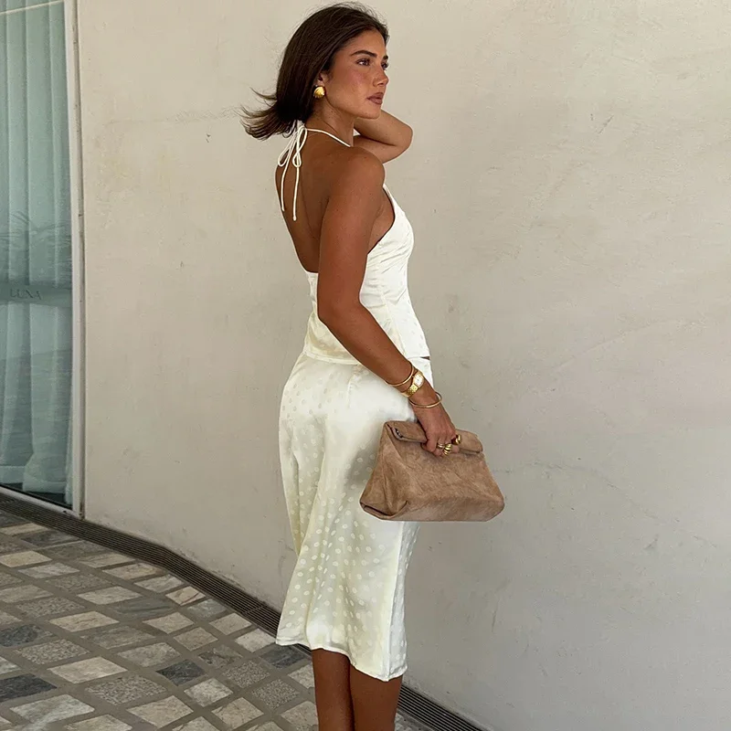 2026 Summer New Sexy Skirt 2 Pieces Set Women's Backless Sling Top Slim Polka Dot Print Skirt Casual Vacation Suit - view 2
