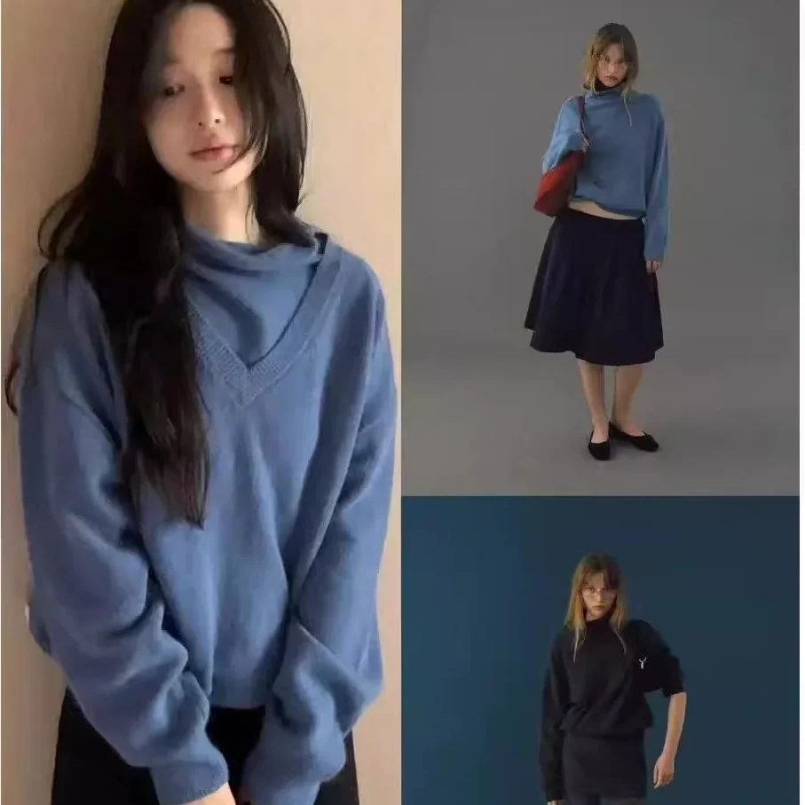 

High Collar Knitted Sweater Layered Fake Two-Piece Loose Fit Korean Sle Long Sve Winter New Arrival Women's Faion