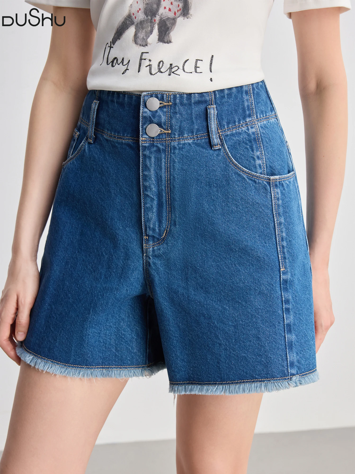 DUSHU 2025 Summer Women Curve-Flattering Artistic Denim Shorts - Asymmetric Panel Design & Breathable Raw Hem for Casual Comfort