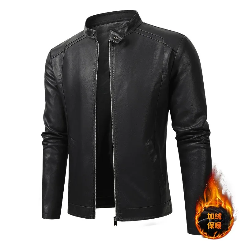 

Men's Stand Collar Autumn/Winter Fleece-Lined Leather Jacket PU Leather Fabric Minimalist Solid-Colour Fashion Outerwear