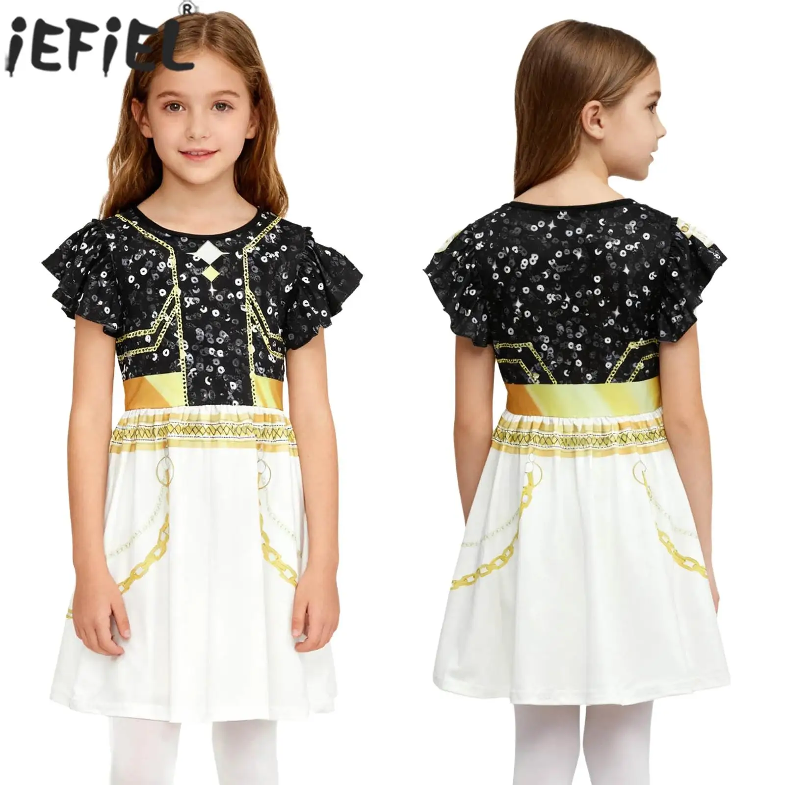 الفتيات هالوين كرنفال الشيطان الصيادين أنيمي Kpop المغني تأثيري أداء زي قصيرة الأكمام لامعة الترتر طباعة فستان رقص #1