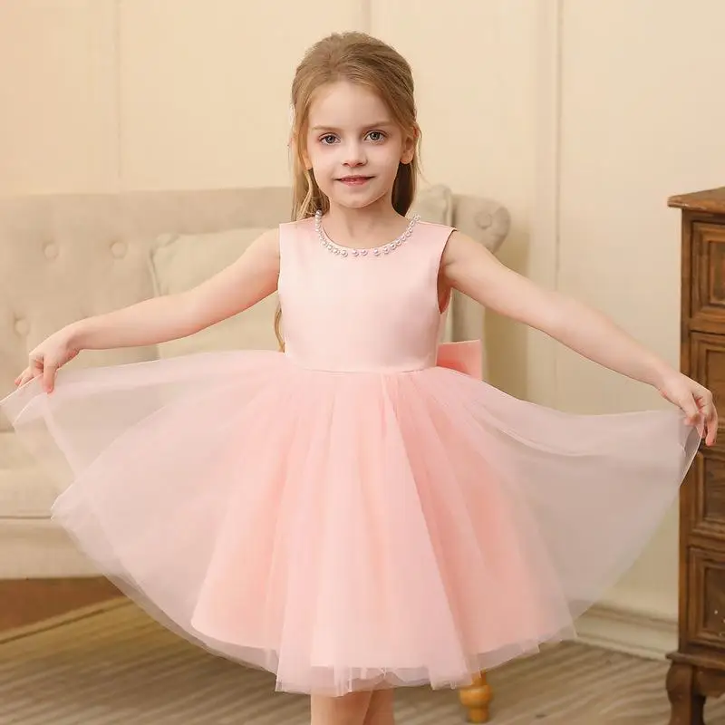 New Solid Color Pearl Bow Sleeveless Mesh Fluffy Skirt for Girls Christmas Halloween Birthday Party Princess Dress for 2-10 Year