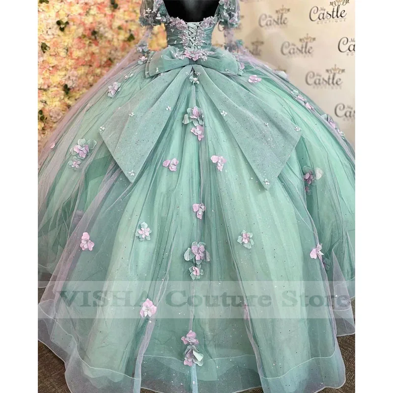 Robe de Rhprincesse chérie, robes de Quinceanera, perles, fête de célébrité, quelles que soient les fleurs 3D, remise des diplômes, manches lanterne, 2023