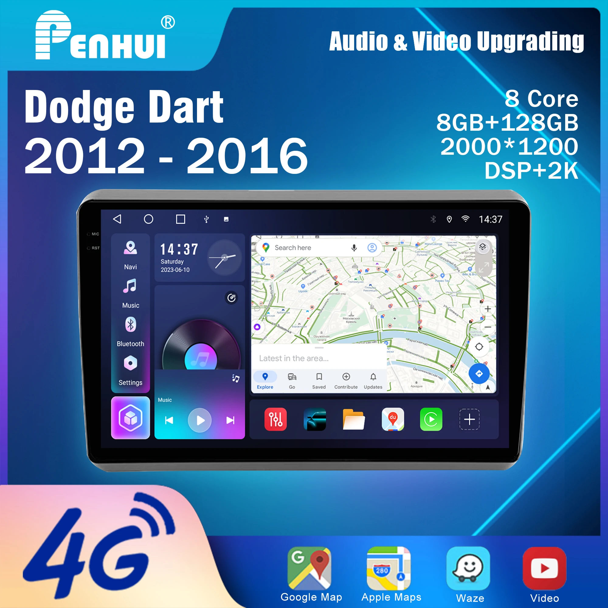 Penhui Android Car DVD Player 2 Din for Dodge Dart 2012 - 2016 Multimedia Screen with DSP, Bluetooth, Audio & CarPlay