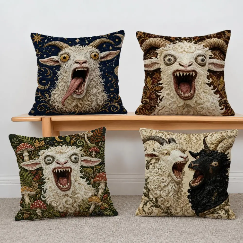 Pattern Screaming Goat Sheep Embroidered Style Cushion Cover Short Plush Pillowcase, Sofa Bedroom Home Decor & Holiday Gift