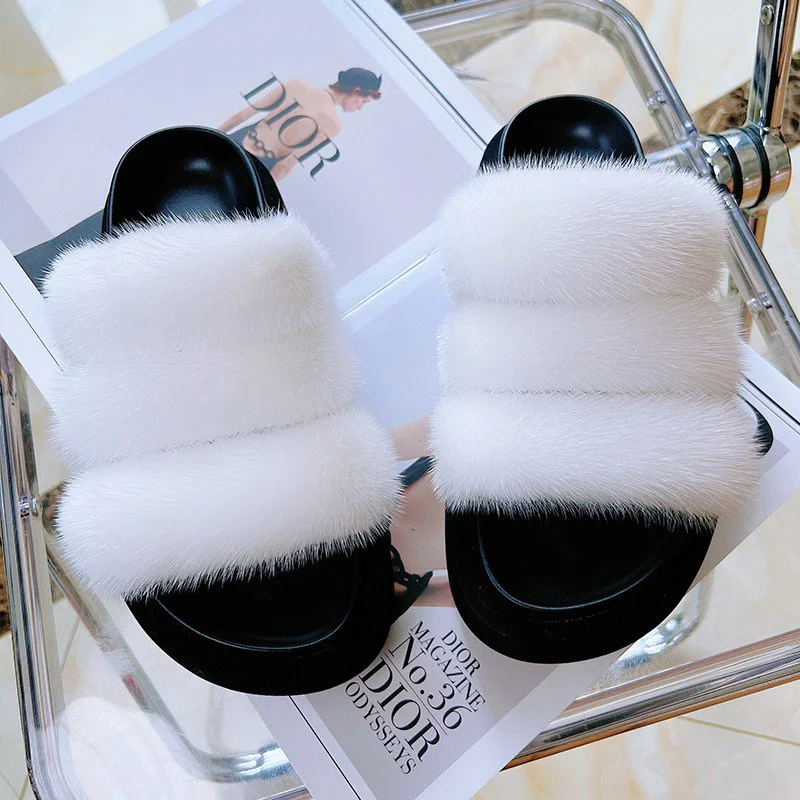 

European Station Ladies Casual Slippers Luxury High Quality Natural Mink Hair Fashion Real Plush New Solid Color Slippers 2023