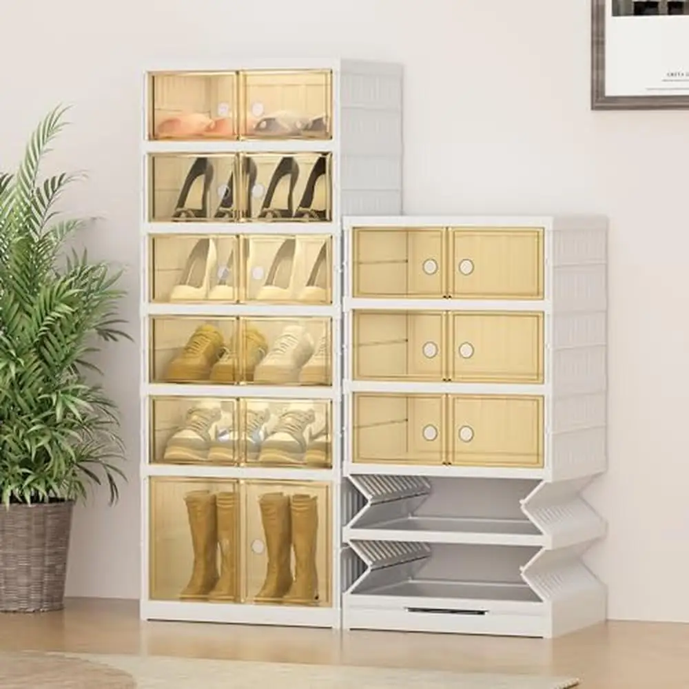 

6-Tier Foldable Shoe Rack Organizer 12Pairs Folding Shoe Storage Cabinet Clear Door Plastic Collapsible Shoe Box Organizer Space