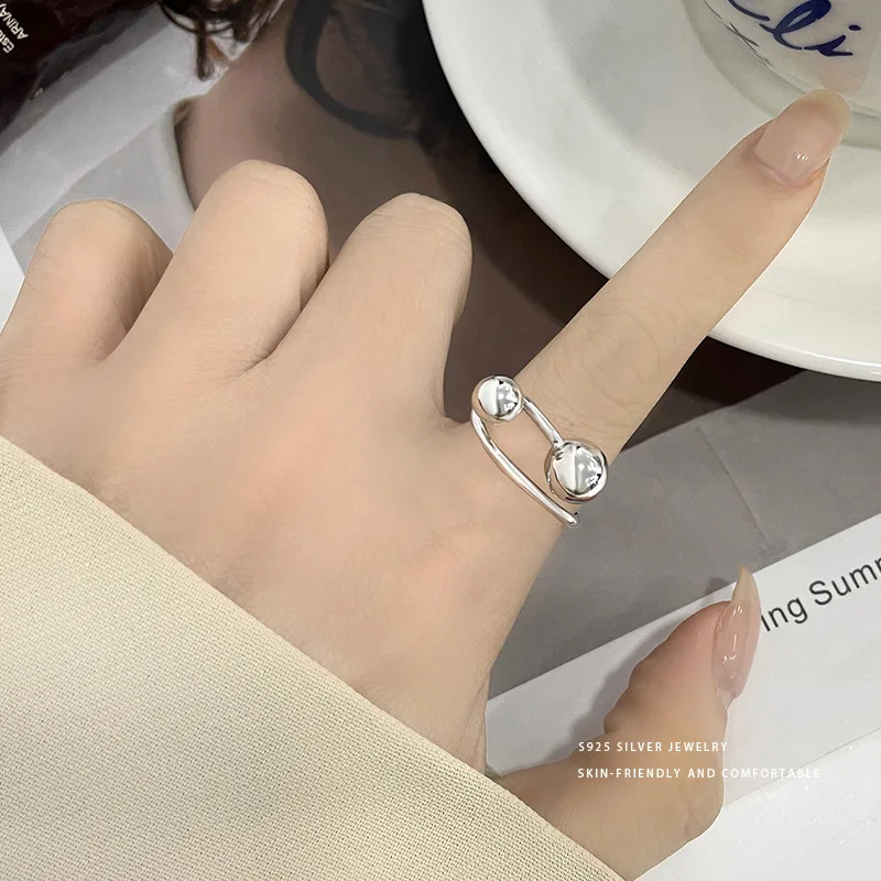 

100% 925 Sterling Silver Geometric Open Ring for Woman Girl Fashion Simple Smooth Ball Design Jewelry Party Gift Dropshipping