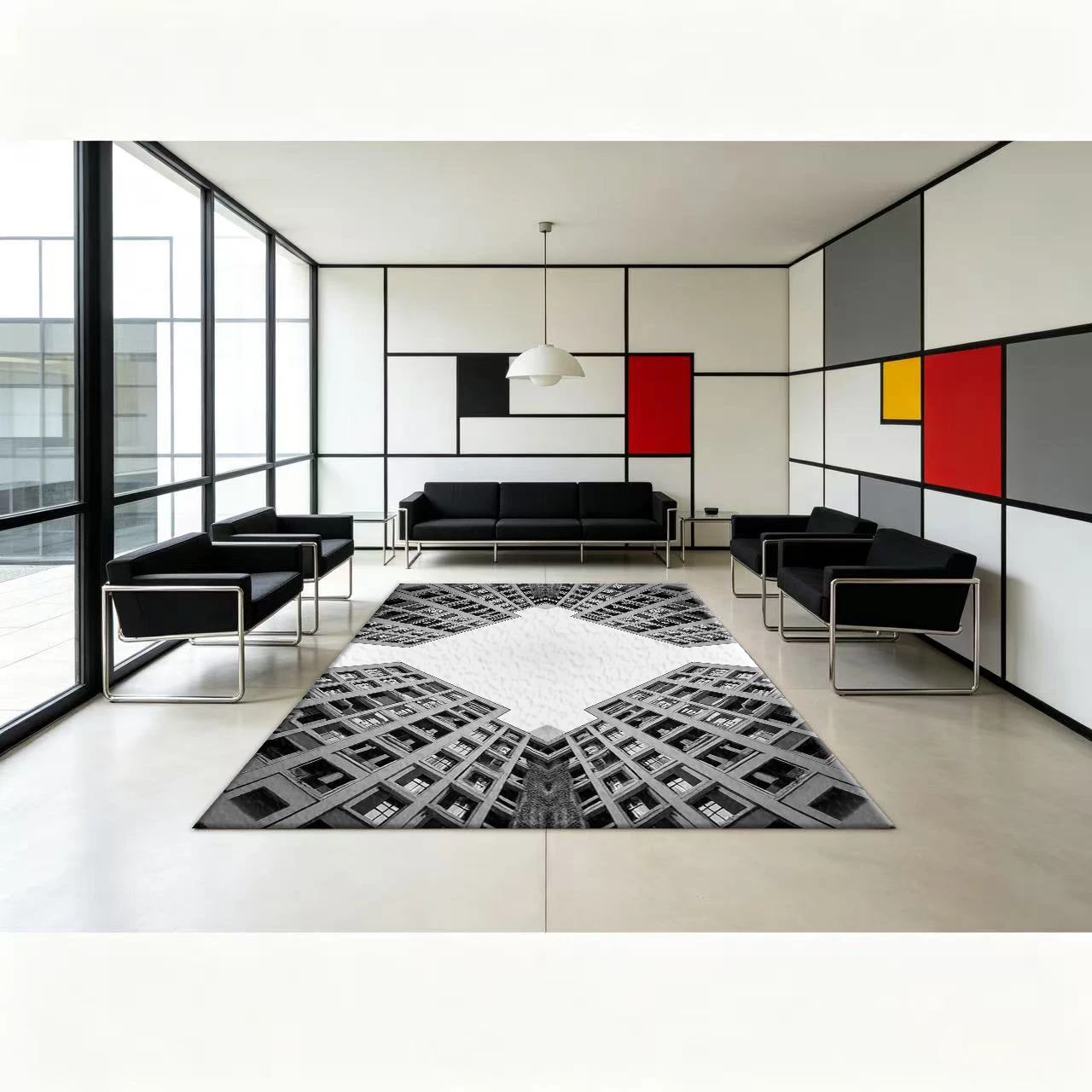 Black and White Geometric Architectural Perspective Carpet Floor Modern Architectural Non-Slip Floor Carpet Suitable for Home Decoration