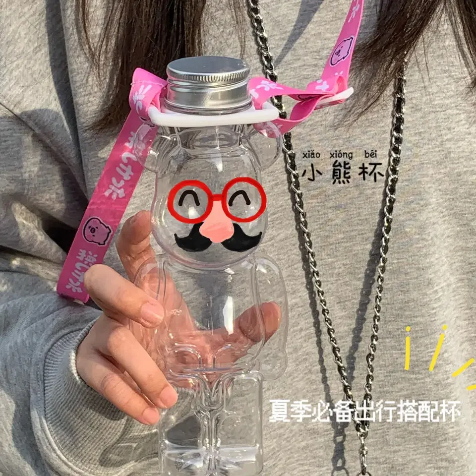 Transparent Plastic Water Bottle With Straw For Kids Portable Leak-proof Cup Cute Bear Student Personality Cup