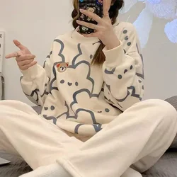 Winter Women Flannel Pajama Sets Tops+Pants 2 Pieces Outfits Coral Fleece Nightwear Cartoon Print Home Clothes Warm Sleepwear