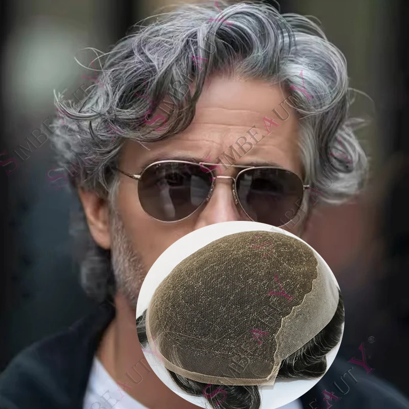 

Q6 Swiss Lace Front 1B65# Grey Man's WigsIndian Human Hair System Lace PU Male Prosthetic Bleach Knots Toupee Natural Hairline