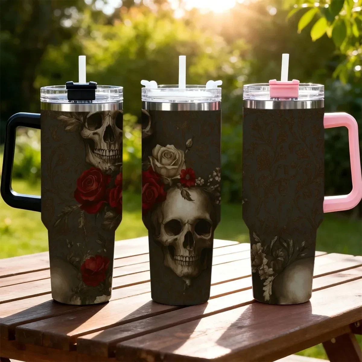 1pc 40oz Tumbler With Handle Lid Straw, Vintage Skull Red Rose Floral Print Stainless Steel Insulated Travel Mug, **Only Black & White Handle Available, Pink Handle Not Included**, Reusable Hot Cold Beverage Cup For Car Office Women Gift