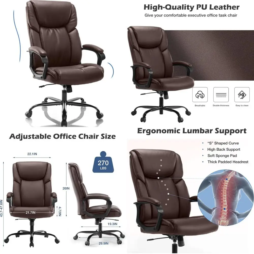 

Ergonomic Computer Desk Chair for Heavy Use with Wheels, Lumbar Support, and Adjustable PU Leather Seat