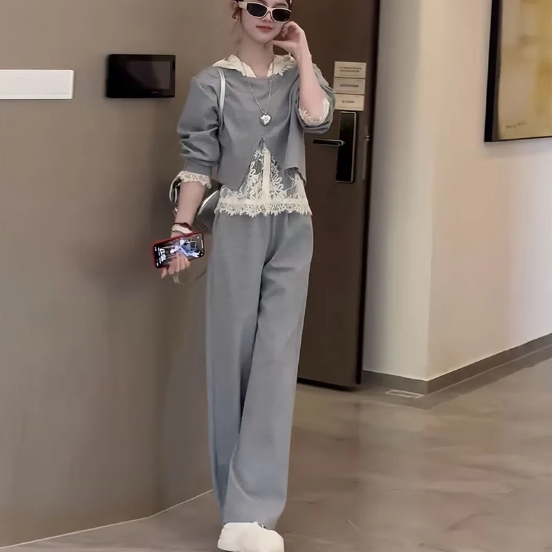 Fashionable Lace Three-Piece Set Women's Large Size Lazy Hook Long Sleeve Commute Suit Autumn 2026 Casual Sportswear Ensemble