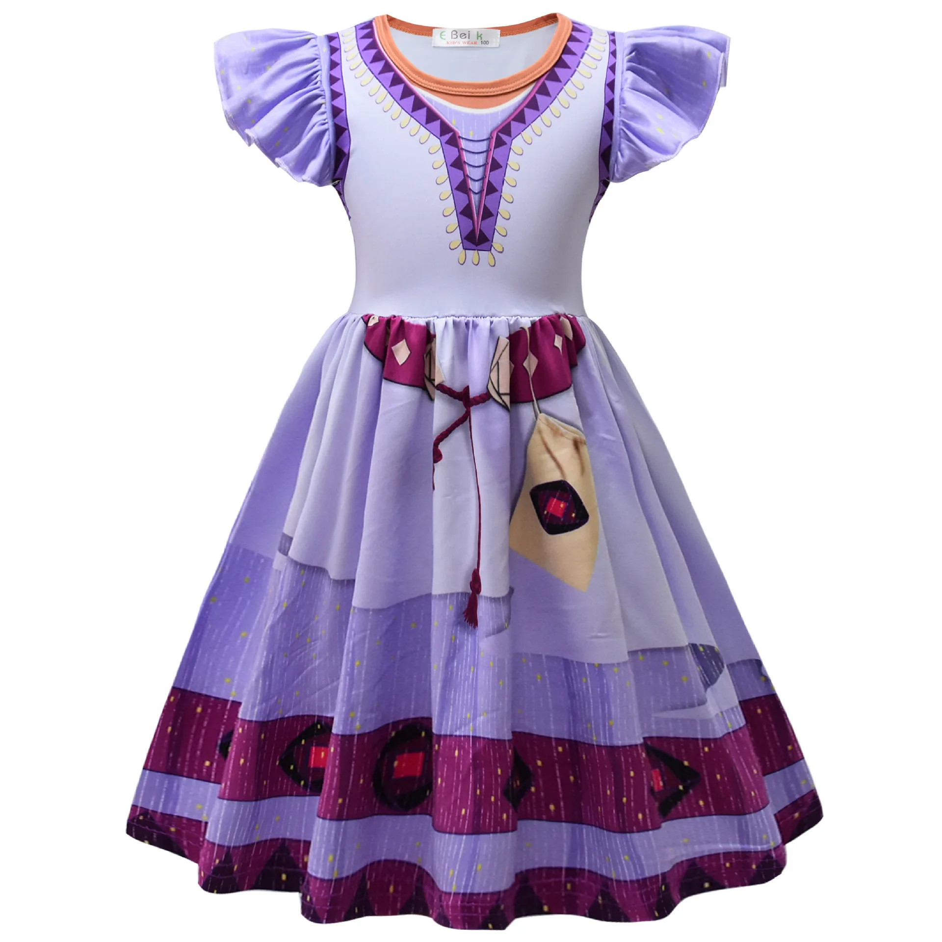 

Purple Kids Print Princess Dress Children Asha Cosplay Outfit For Girls Carnival Easter Halloween Birthday Costume 4-9 Years